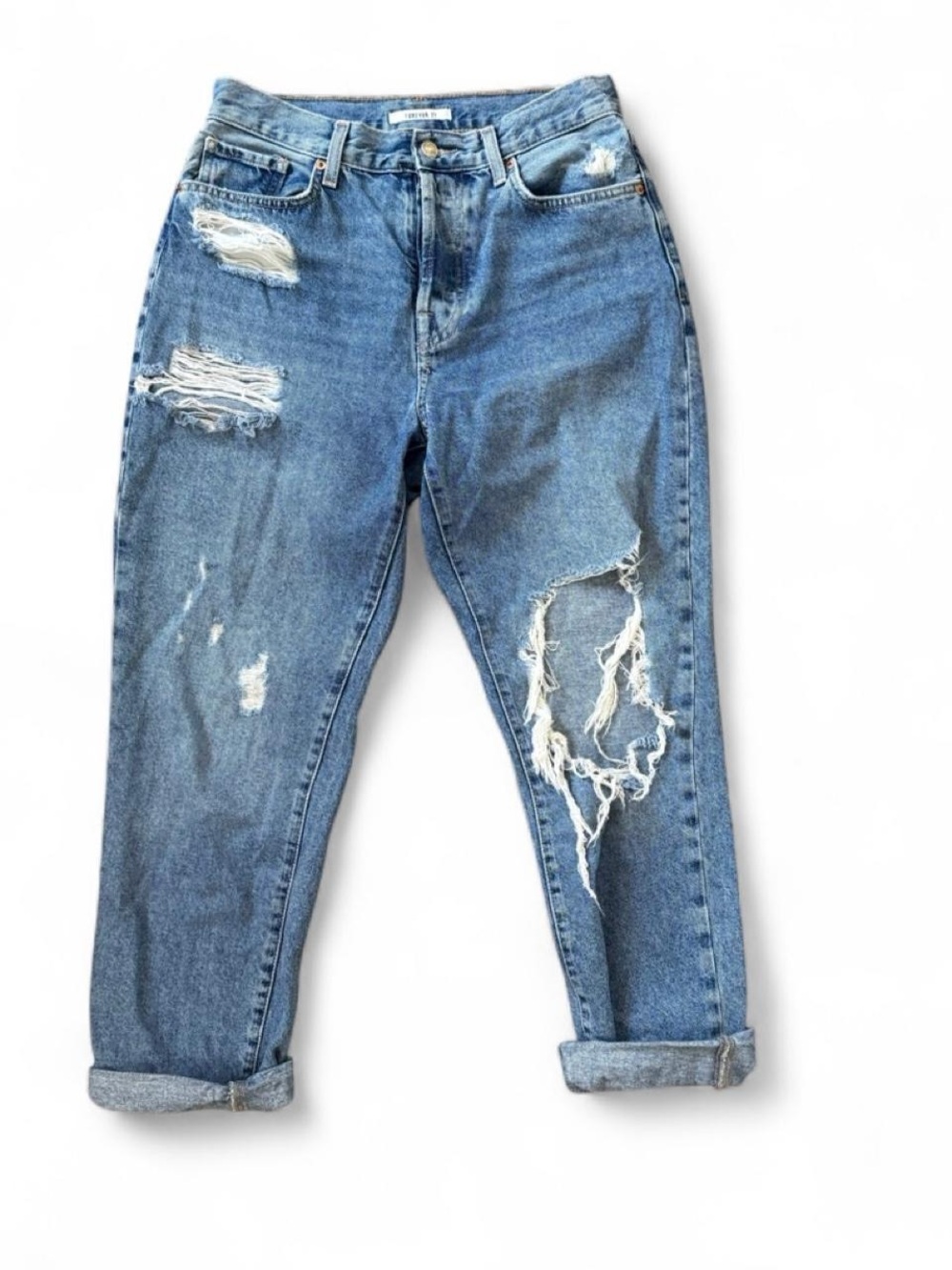 Forever 21 High Rise Distressed Mom Jeans Button Fly Women’s Size 28”